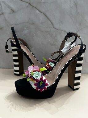Women's Black Floral Platform Sandals with Striped Heel